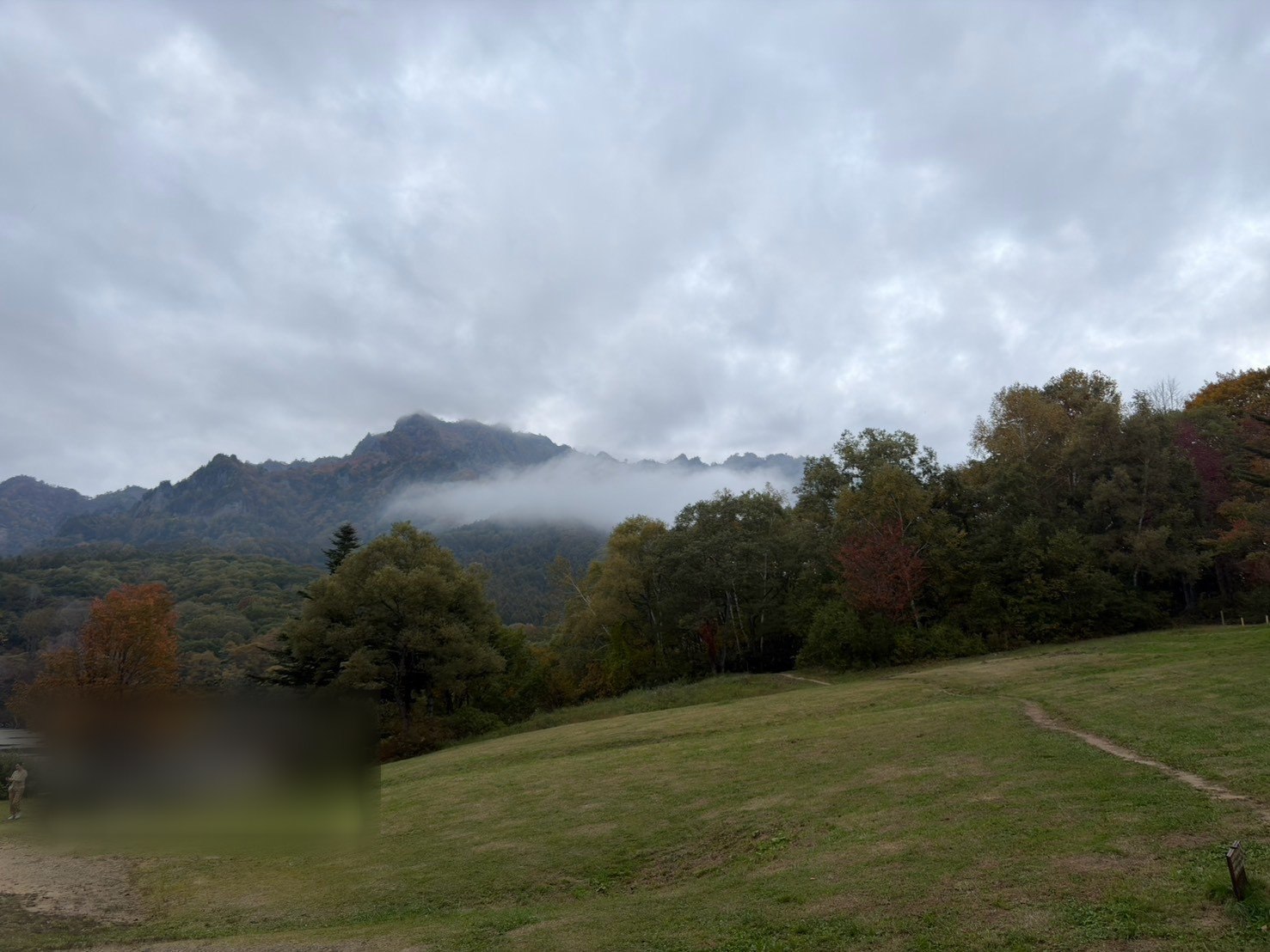 鏡池のそばの芝生と、霧のかかった山